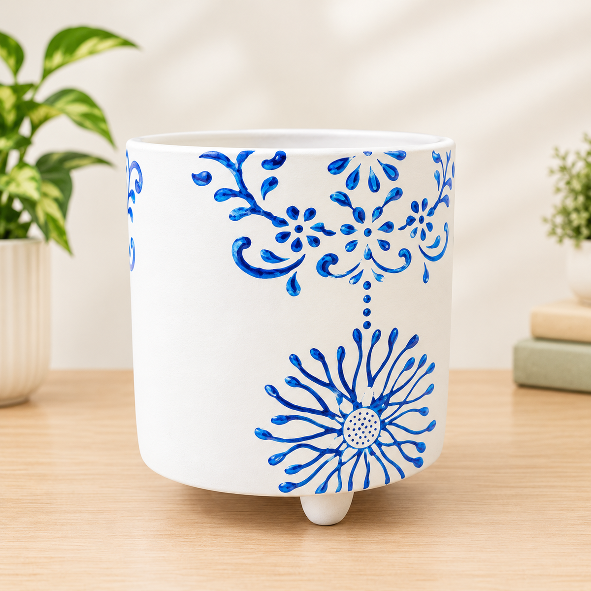 TAYHAA White Blue Printed Ceramic Planter