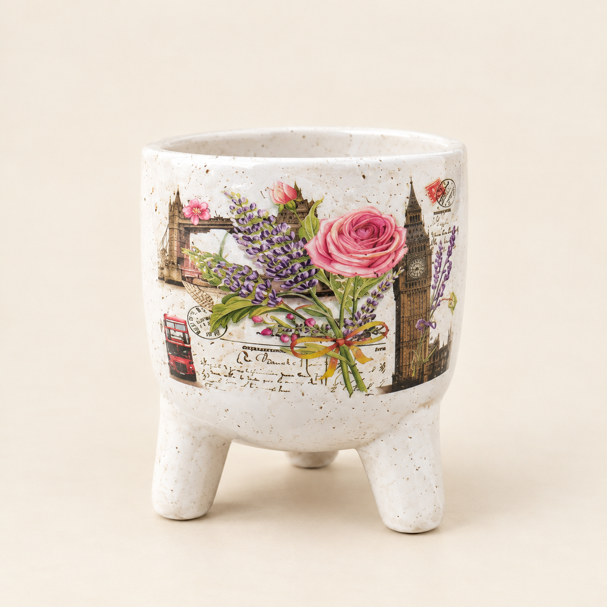 Vintage London Planter — Speckled Ceramic Pot on Three Legs