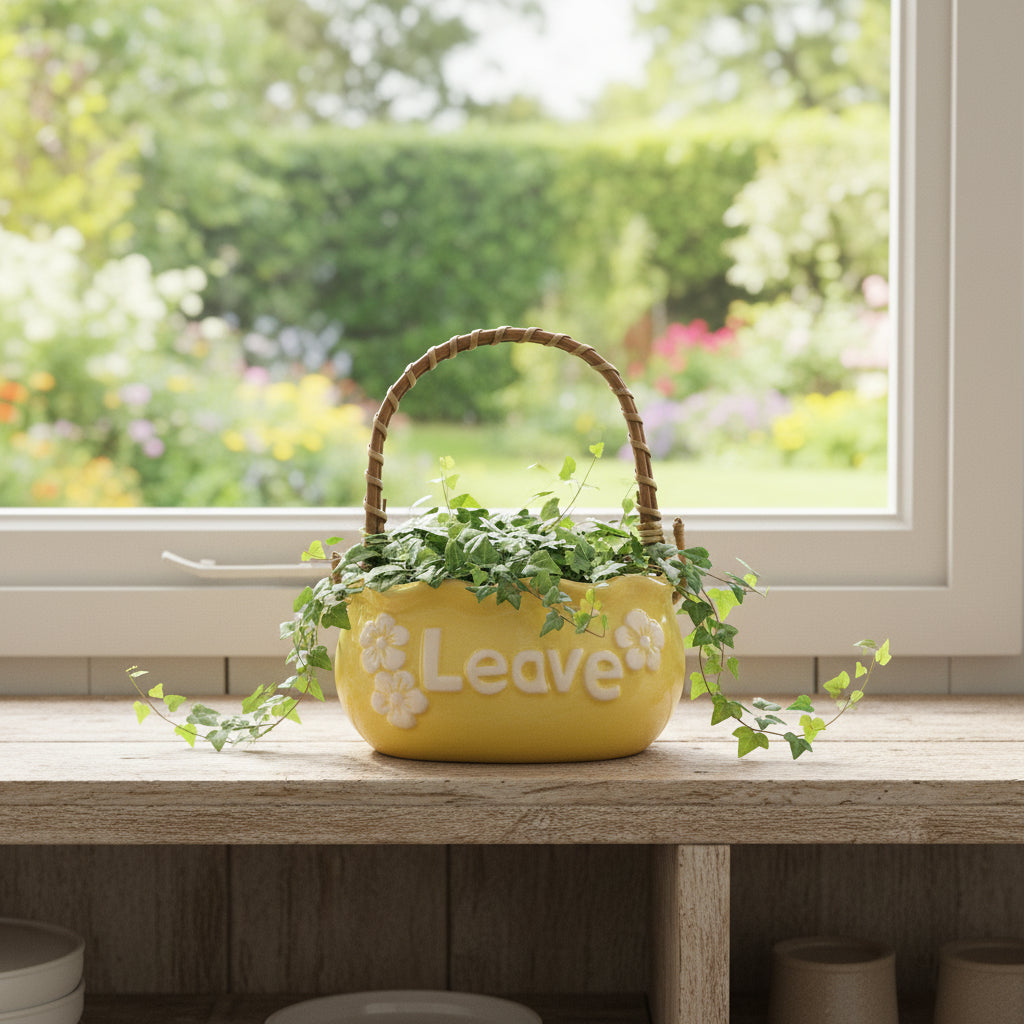 "Leave" Yellow Ceramic Basket Planter with Rattan Handle