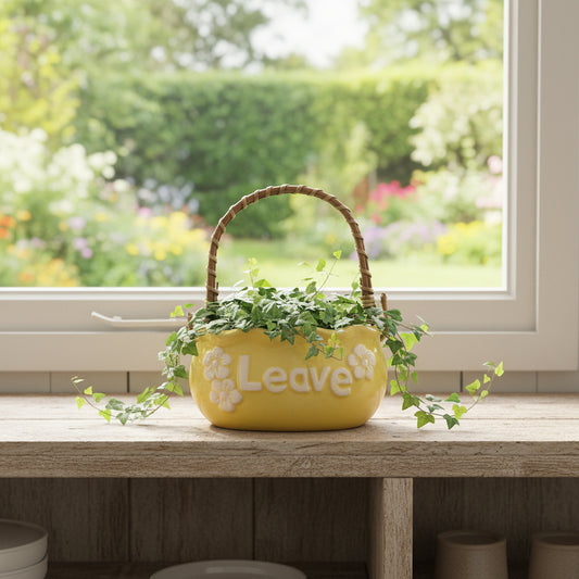 "Leave" Yellow Ceramic Basket Planter with Rattan Handle