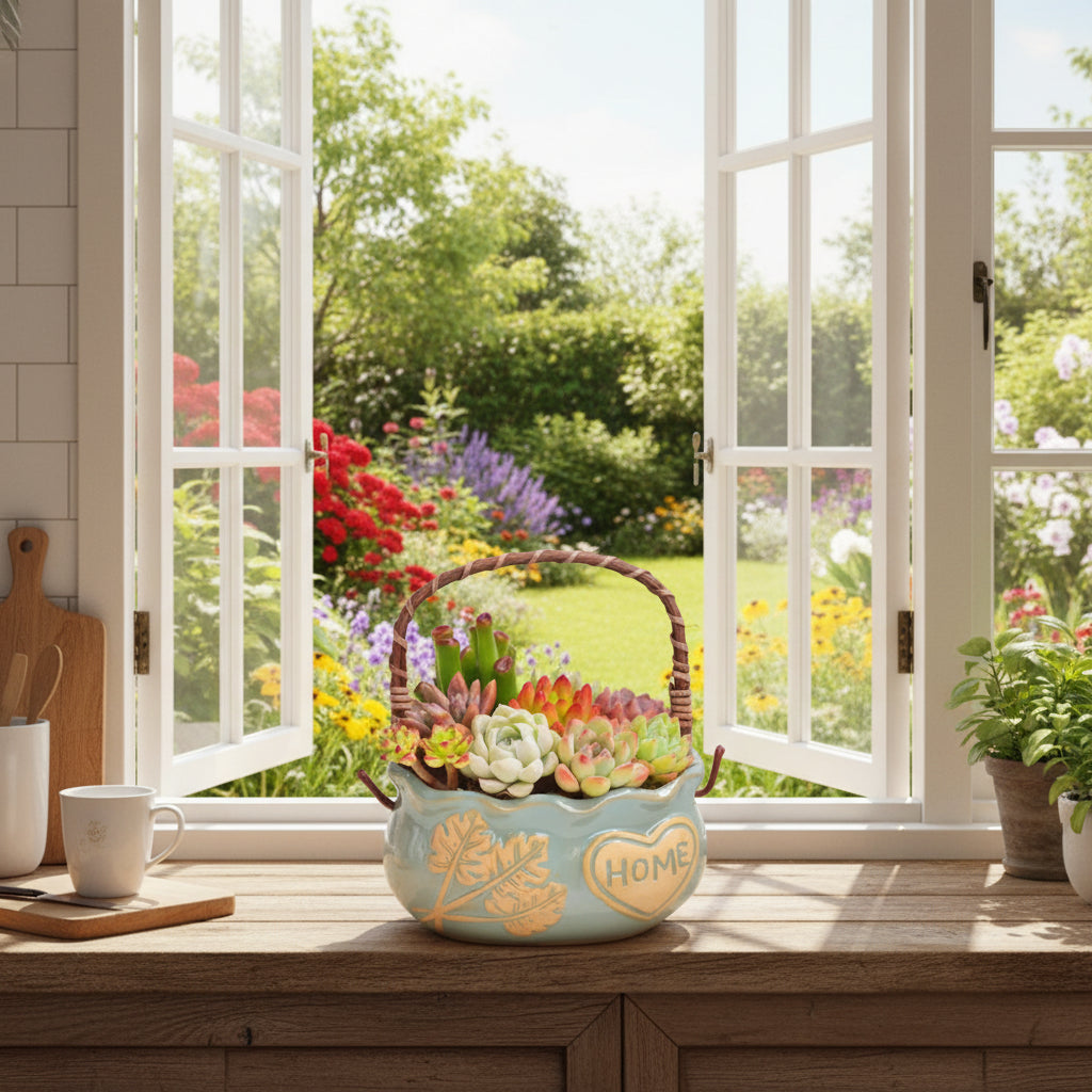 "HOME" Ceramic Basket Planter with Leaf Relief