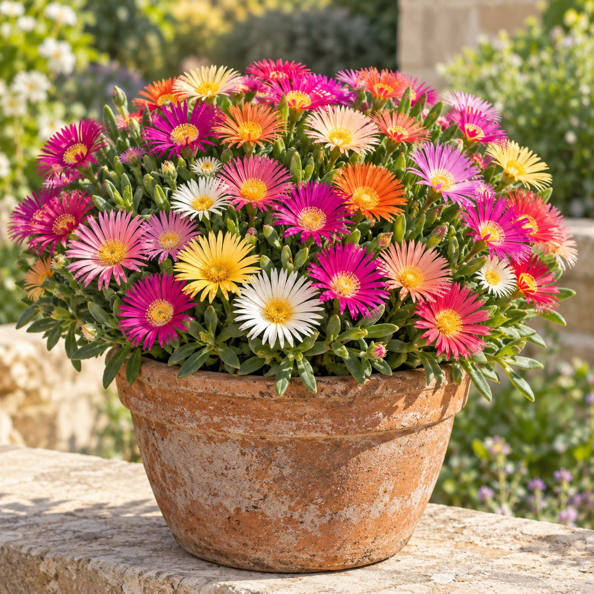 Mausummery Livingstone daisy flowers in mixed pink, magenta, orange and white in a terracotta pot