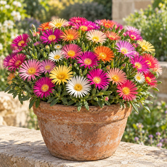 Mausummery Livingstone daisy flowers in mixed pink, magenta, orange and white in a terracotta pot